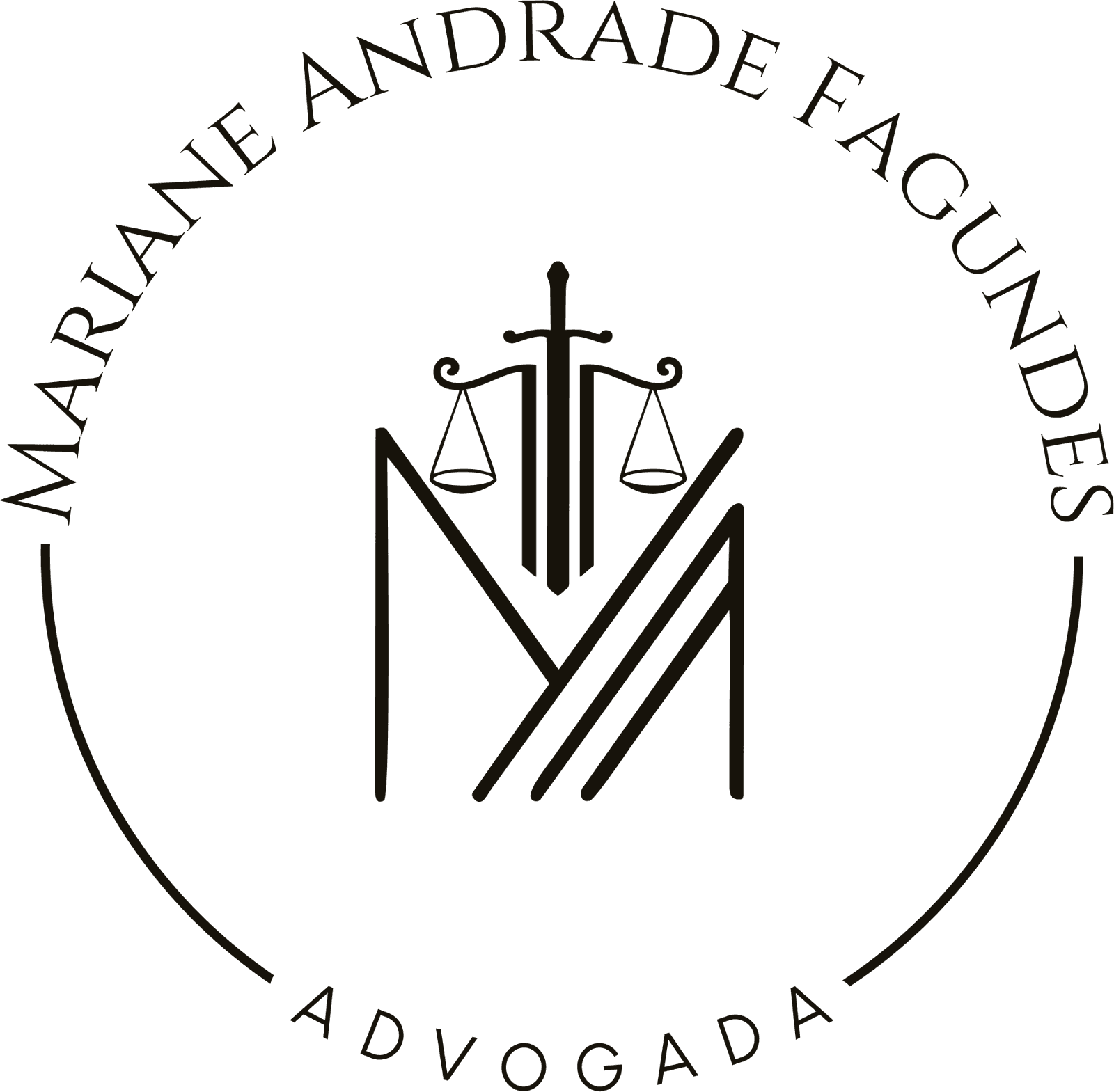Selo circular Mariane Andrade Advocacia, com monograma de balança e espada e o nome em arco.